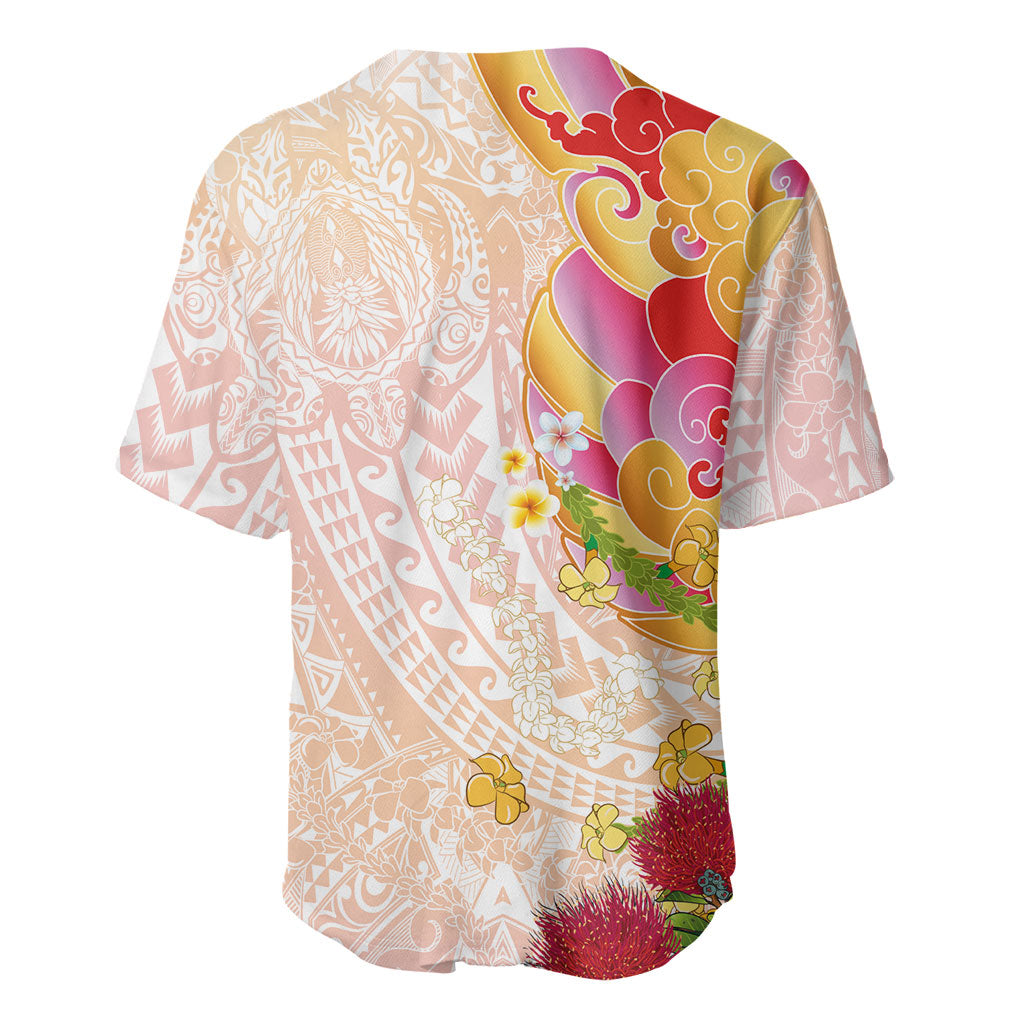 Japanese and Hawaiian Culture Fusion Baseball Jersey Irezumi with Turtles and Lei Kakau Pattern Sunset Vibe