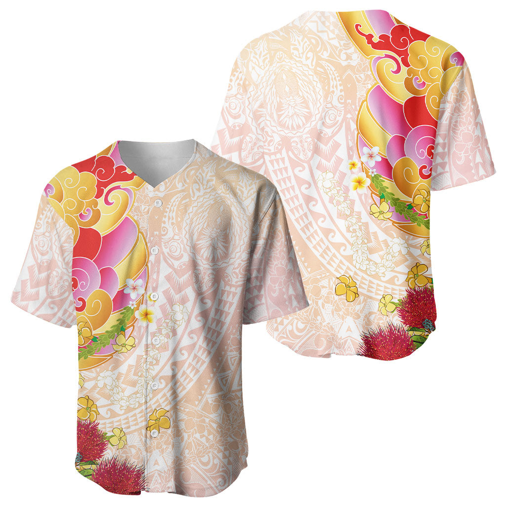 Japanese and Hawaiian Culture Fusion Baseball Jersey Irezumi with Turtles and Lei Kakau Pattern Sunset Vibe