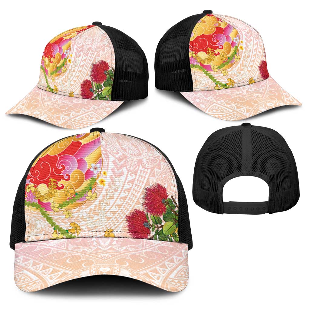 Japanese and Hawaiian Culture Fusion Baseball Net Cap Irezumi with Turtles and Lei Kakau Pattern Sunset Vibe