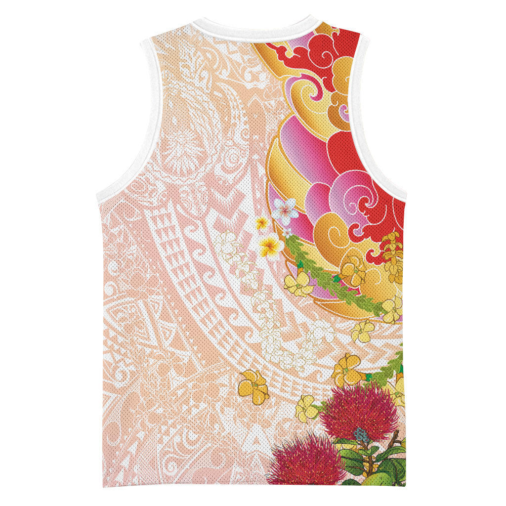 Japanese and Hawaiian Culture Fusion Basketball Jersey Irezumi with Turtles and Lei Kakau Pattern Sunset Vibe