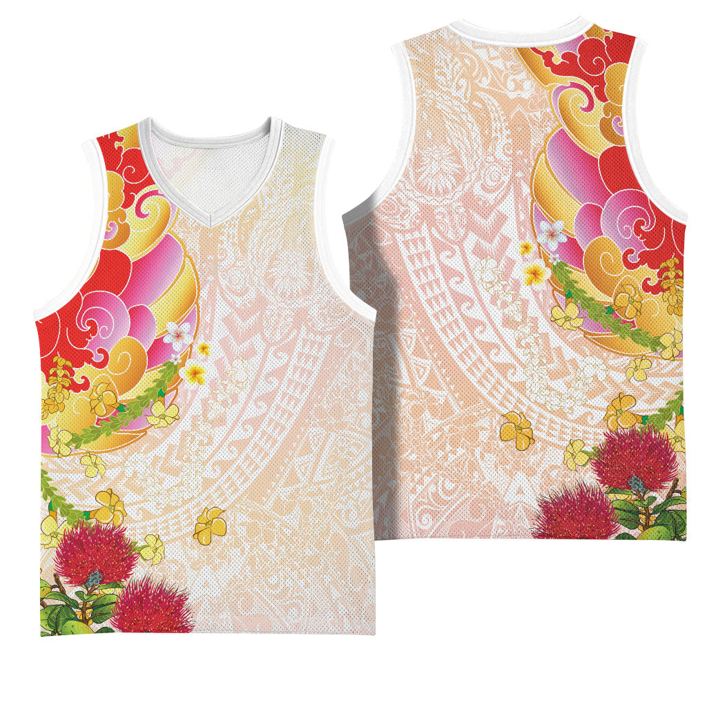 Japanese and Hawaiian Culture Fusion Basketball Jersey Irezumi with Turtles and Lei Kakau Pattern Sunset Vibe