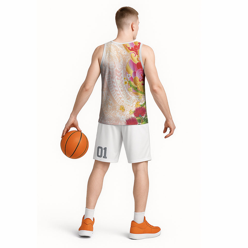 Japanese and Hawaiian Culture Fusion Basketball Jersey Irezumi with Turtles and Lei Kakau Pattern Sunset Vibe