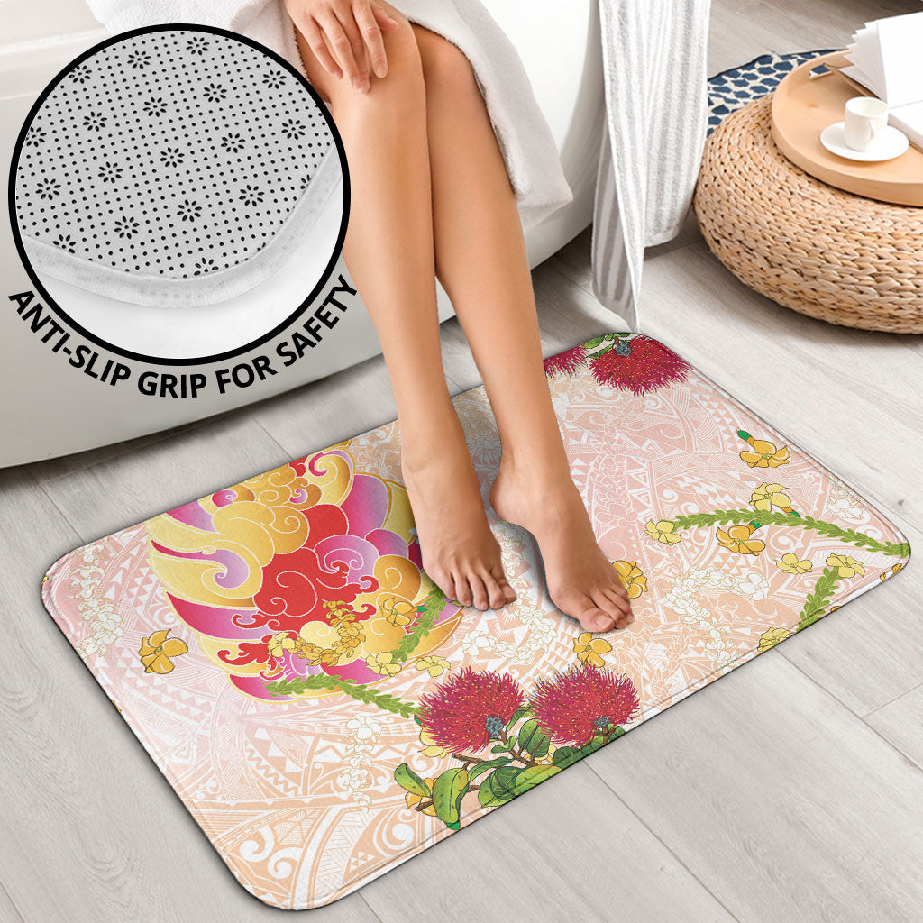 Japanese and Hawaiian Culture Fusion Bathroom Set Irezumi with Turtles and Lei Kakau Pattern Sunset Vibe