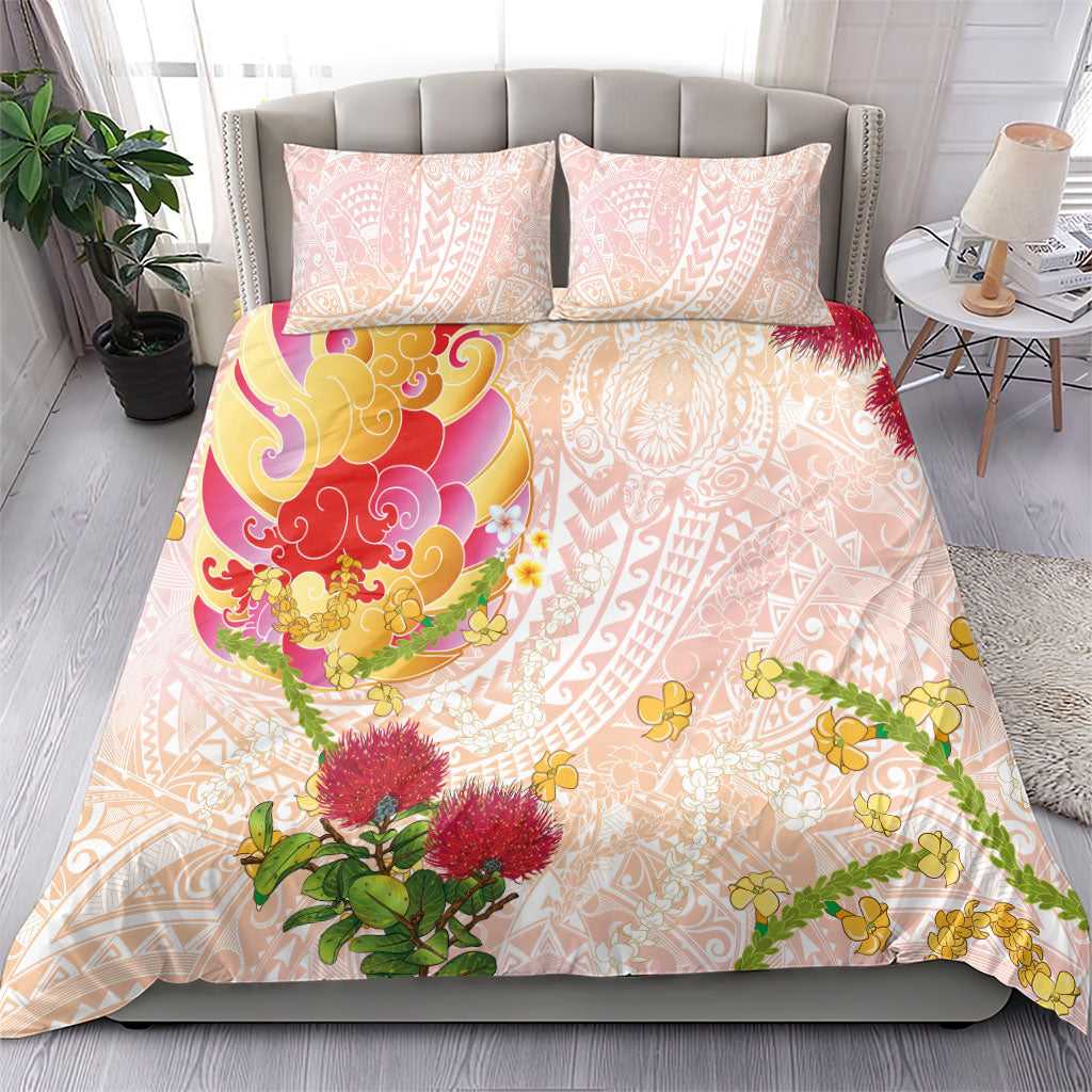 Japanese and Hawaiian Culture Fusion Bedding Set Irezumi with Turtles and Lei Kakau Pattern Sunset Vibe