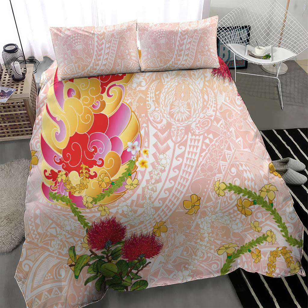 Japanese and Hawaiian Culture Fusion Bedding Set Irezumi with Turtles and Lei Kakau Pattern Sunset Vibe