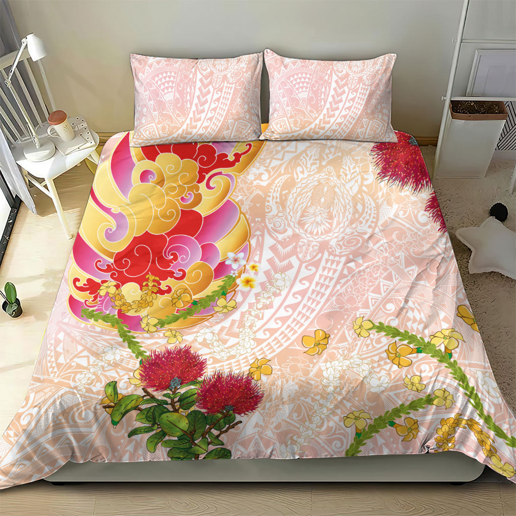 Japanese and Hawaiian Culture Fusion Bedding Set Irezumi with Turtles and Lei Kakau Pattern Sunset Vibe