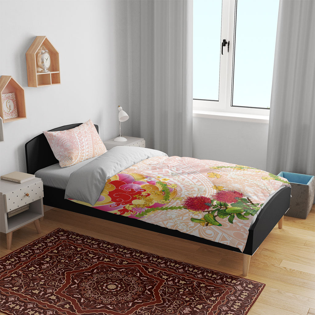 Japanese and Hawaiian Culture Fusion Bedding Set Irezumi with Turtles and Lei Kakau Pattern Sunset Vibe