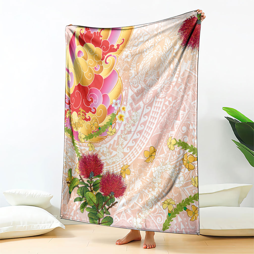 Japanese and Hawaiian Culture Fusion Blanket Irezumi with Turtles and Lei Kakau Pattern Sunset Vibe