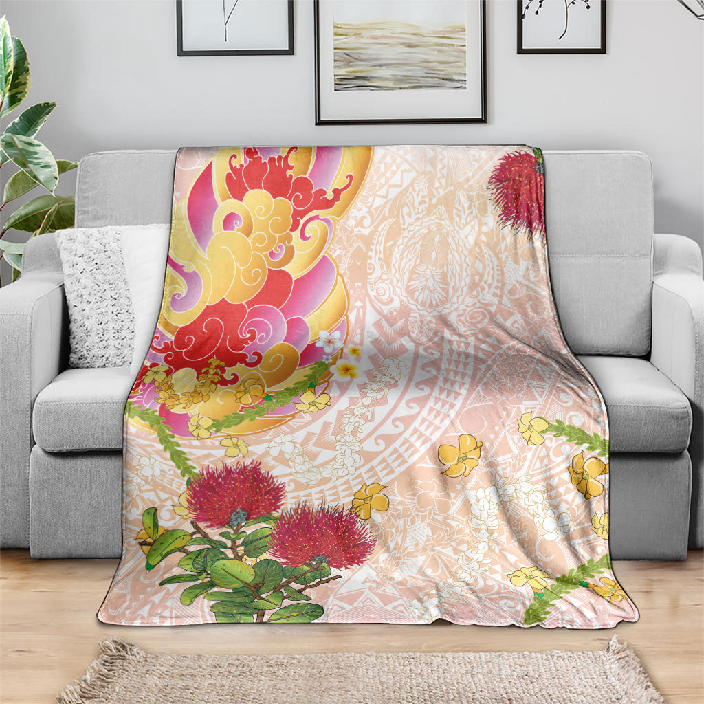 Japanese and Hawaiian Culture Fusion Blanket Irezumi with Turtles and Lei Kakau Pattern Sunset Vibe