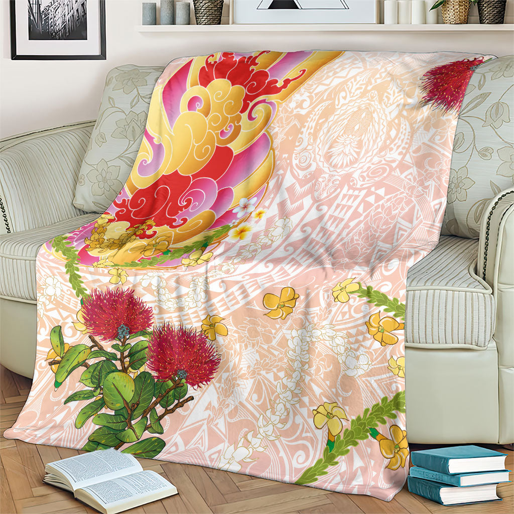 Japanese and Hawaiian Culture Fusion Blanket Irezumi with Turtles and Lei Kakau Pattern Sunset Vibe