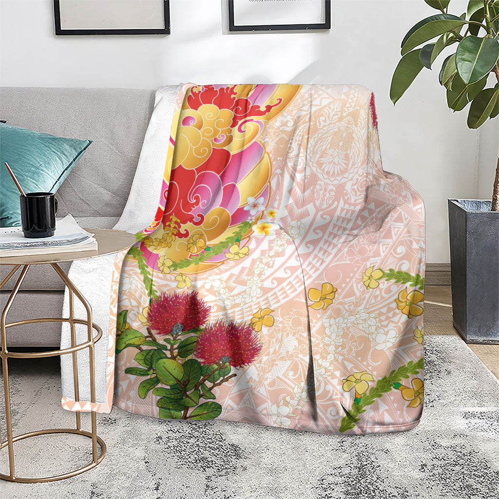 Japanese and Hawaiian Culture Fusion Blanket Irezumi with Turtles and Lei Kakau Pattern Sunset Vibe