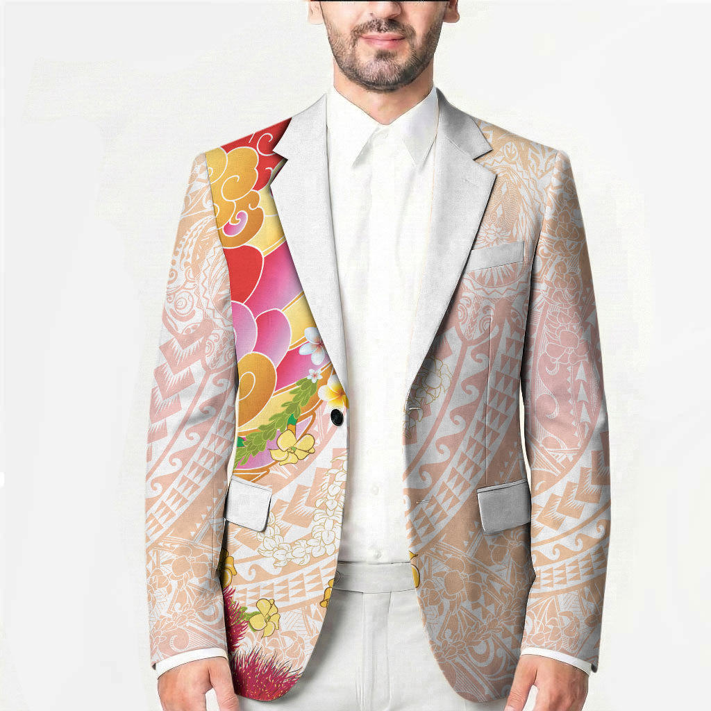 Japanese and Hawaiian Culture Fusion Blazer Irezumi with Turtles and Lei Kakau Pattern Sunset Vibe