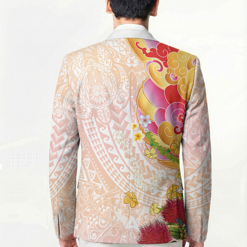 Japanese and Hawaiian Culture Fusion Blazer Irezumi with Turtles and Lei Kakau Pattern Sunset Vibe