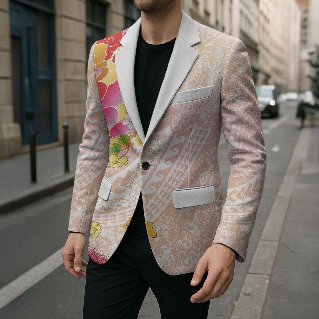 Japanese and Hawaiian Culture Fusion Blazer Irezumi with Turtles and Lei Kakau Pattern Sunset Vibe
