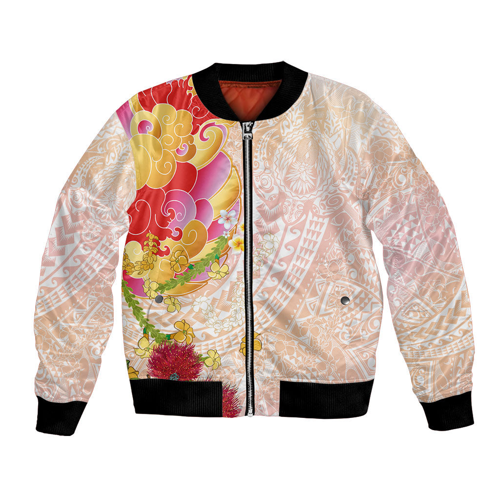 Japanese and Hawaiian Culture Fusion Bomber Jacket Irezumi with Turtles and Lei Kakau Pattern Sunset Vibe LT03 Unisex Multicolor - Polynesian Pride