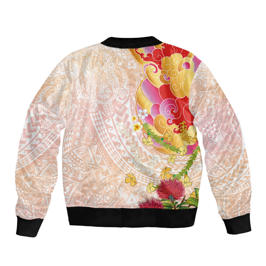 Japanese and Hawaiian Culture Fusion Bomber Jacket Irezumi with Turtles and Lei Kakau Pattern Sunset Vibe