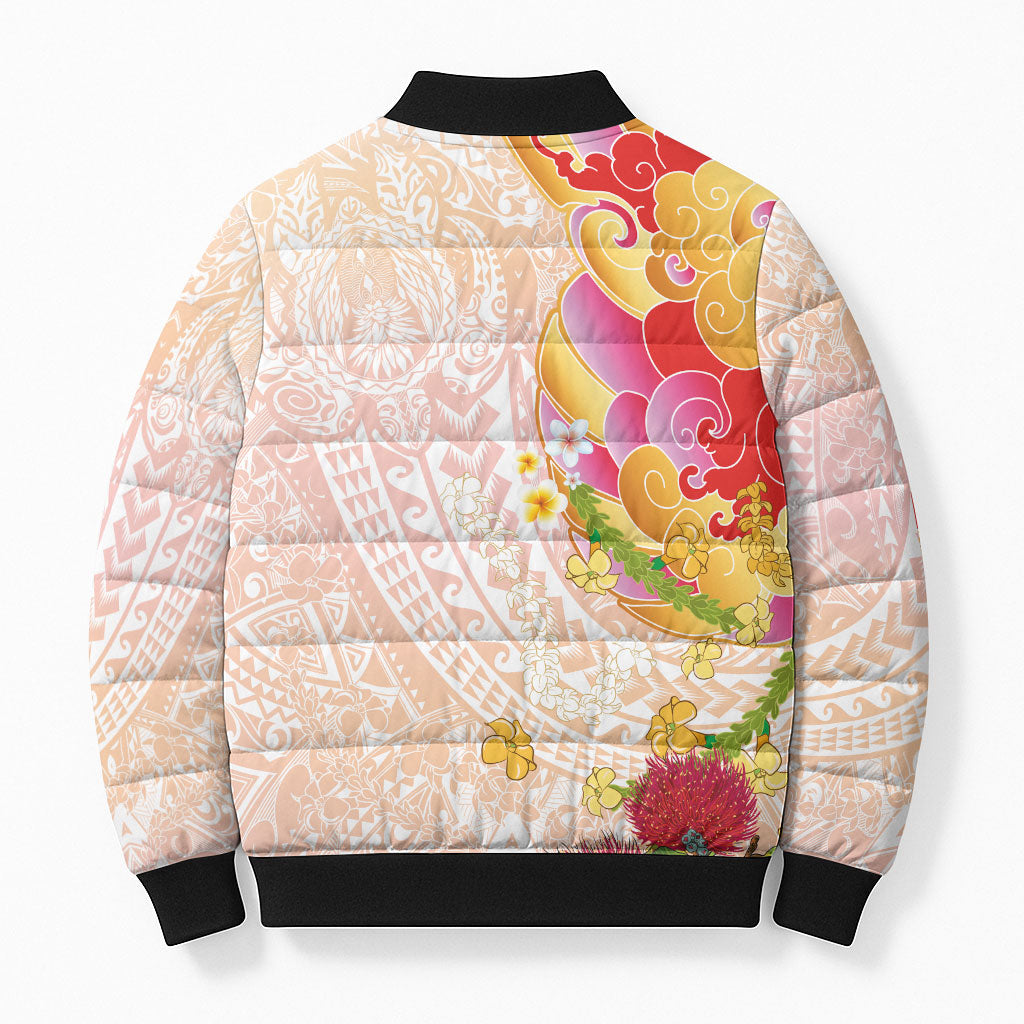 Japanese and Hawaiian Culture Fusion Bomber Puffer Jacket Irezumi with Turtles and Lei Kakau Pattern Sunset Vibe