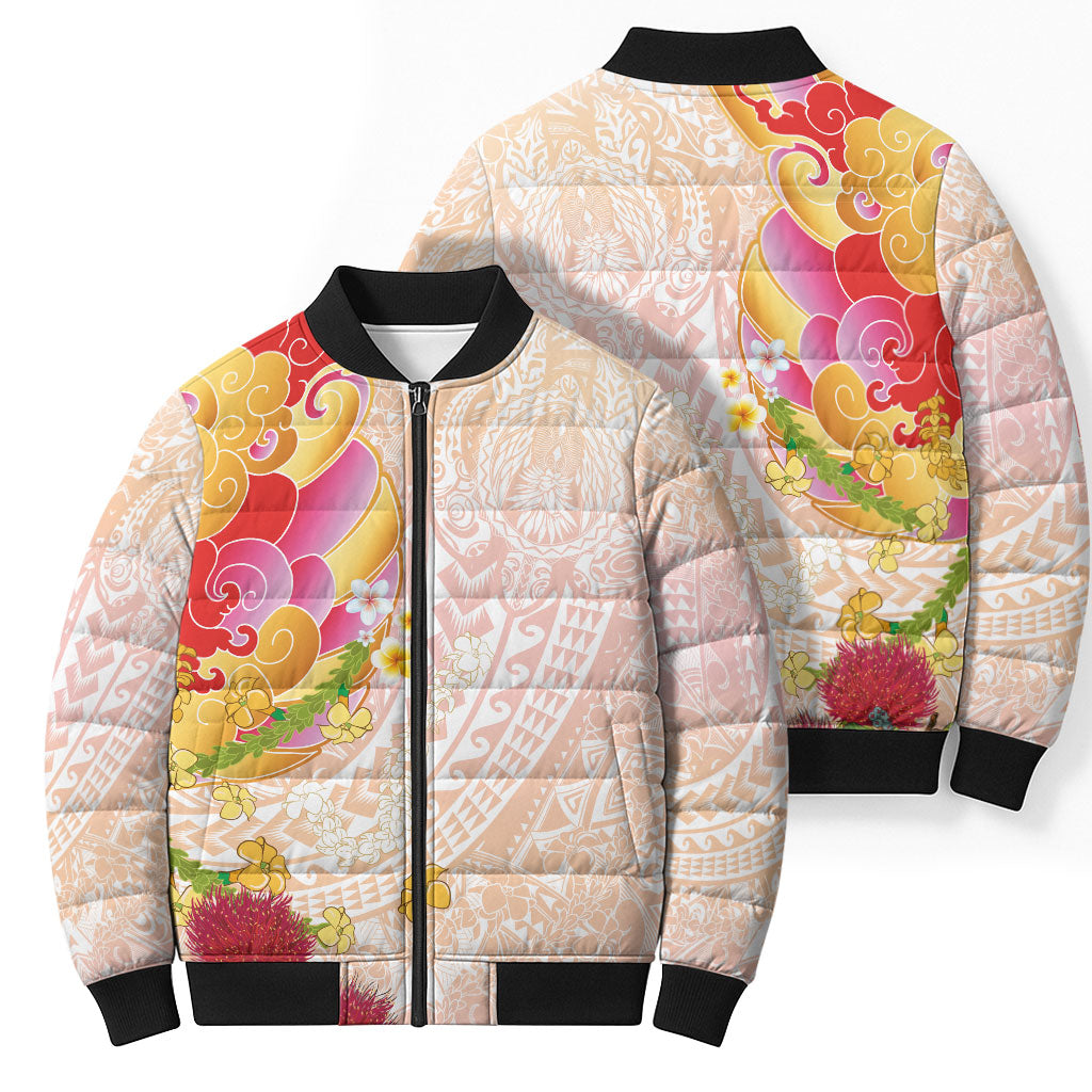 Japanese and Hawaiian Culture Fusion Bomber Puffer Jacket Irezumi with Turtles and Lei Kakau Pattern Sunset Vibe