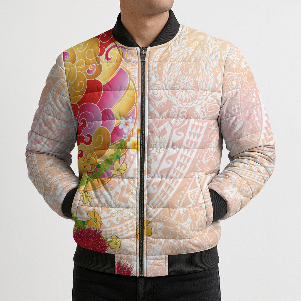 Japanese and Hawaiian Culture Fusion Bomber Puffer Jacket Irezumi with Turtles and Lei Kakau Pattern Sunset Vibe