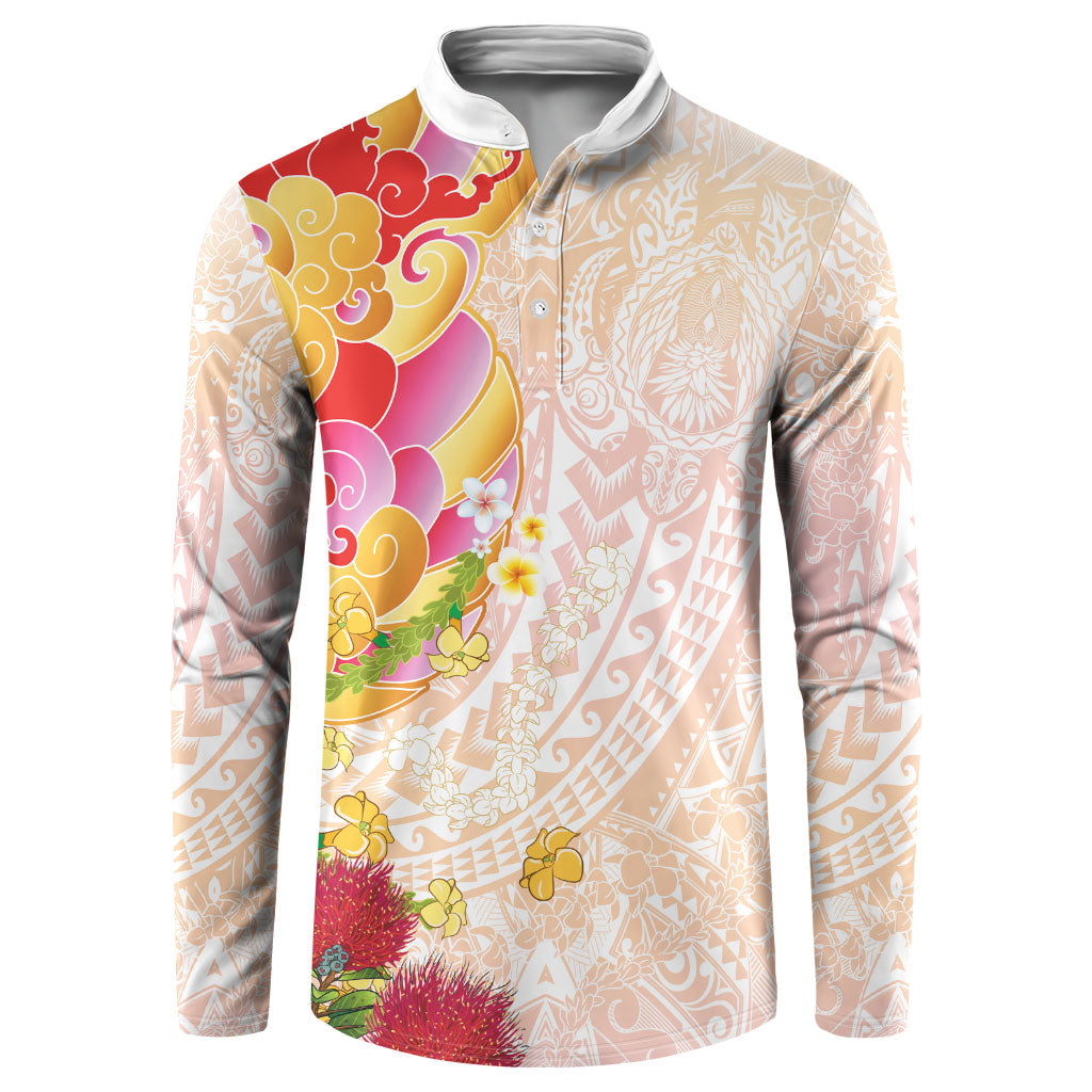 Japanese and Hawaiian Culture Fusion Button Sweatshirt Irezumi with Turtles and Lei Kakau Pattern Sunset Vibe