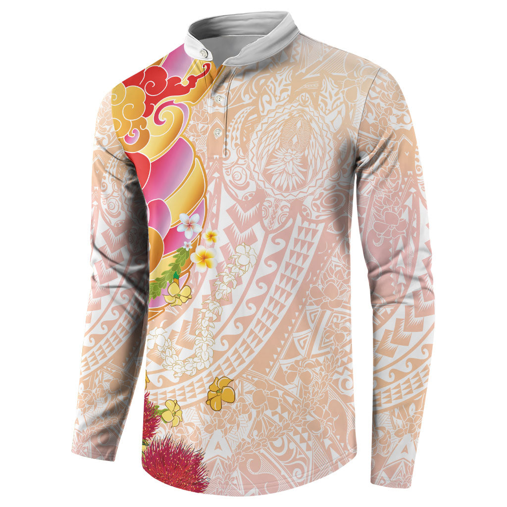 Japanese and Hawaiian Culture Fusion Button Sweatshirt Irezumi with Turtles and Lei Kakau Pattern Sunset Vibe
