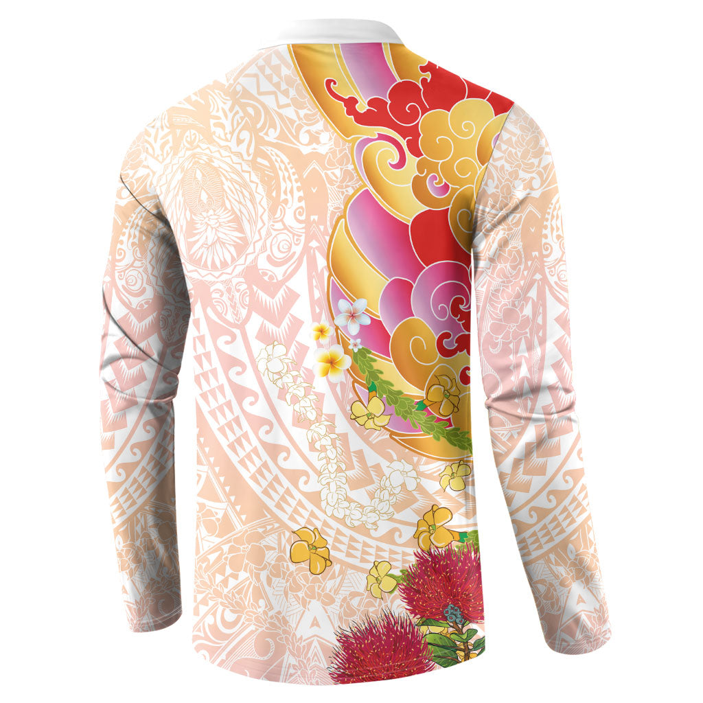 Japanese and Hawaiian Culture Fusion Button Sweatshirt Irezumi with Turtles and Lei Kakau Pattern Sunset Vibe