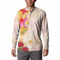 Japanese and Hawaiian Culture Fusion Button Sweatshirt Irezumi with Turtles and Lei Kakau Pattern Sunset Vibe