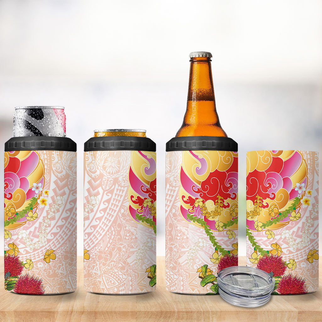 Japanese and Hawaiian Culture Fusion 4 in 1 Can Cooler Tumbler Irezumi with Turtles and Lei Kakau Pattern Sunset Vibe