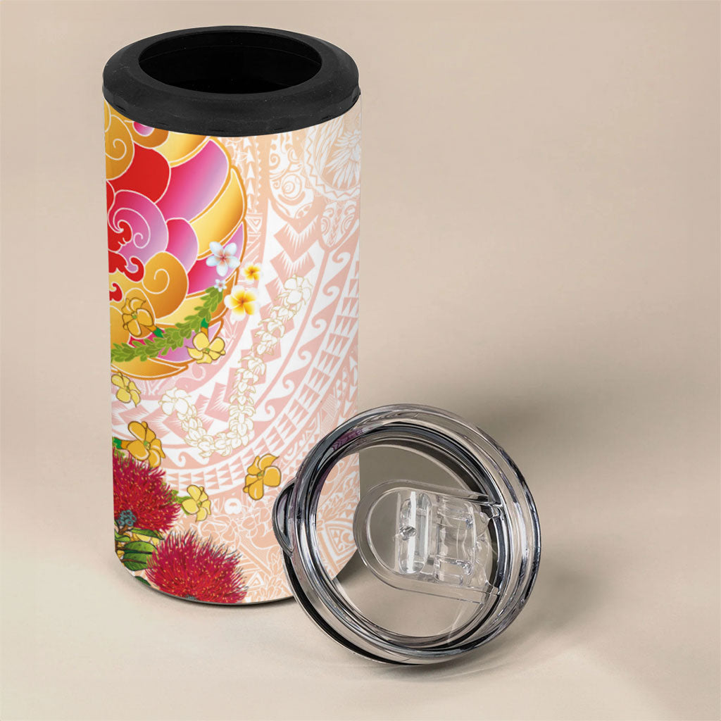 Japanese and Hawaiian Culture Fusion 4 in 1 Can Cooler Tumbler Irezumi with Turtles and Lei Kakau Pattern Sunset Vibe
