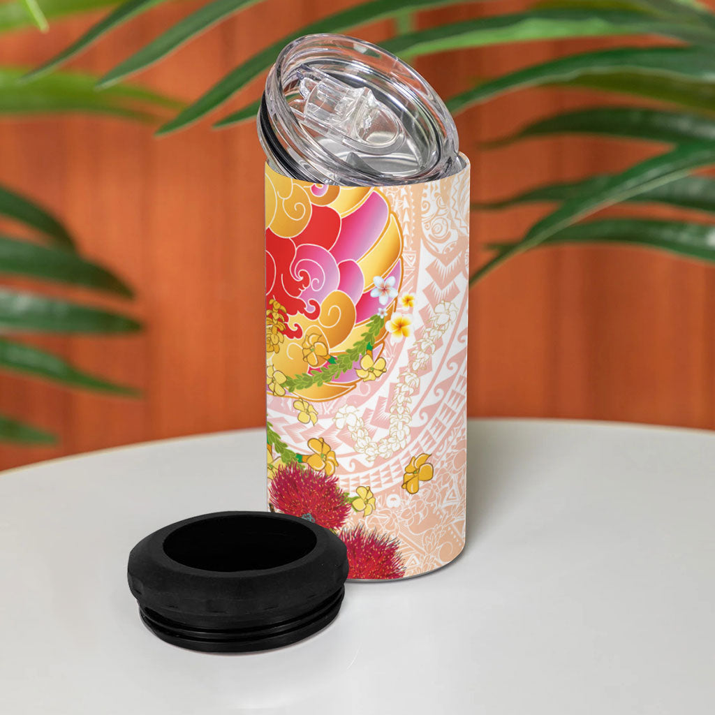 Japanese and Hawaiian Culture Fusion 4 in 1 Can Cooler Tumbler Irezumi with Turtles and Lei Kakau Pattern Sunset Vibe
