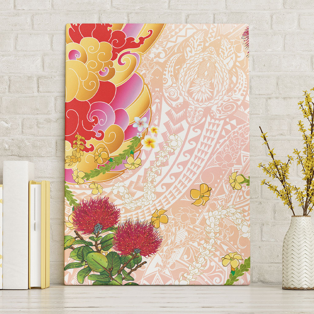 Japanese and Hawaiian Culture Fusion Canvas Wall Art Irezumi with Turtles and Lei Kakau Pattern Sunset Vibe