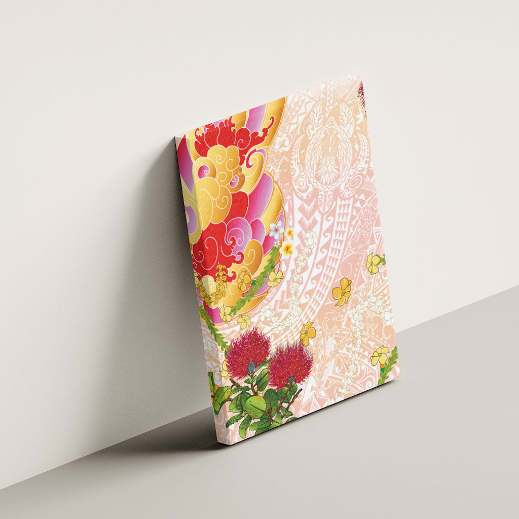 Japanese and Hawaiian Culture Fusion Canvas Wall Art Irezumi with Turtles and Lei Kakau Pattern Sunset Vibe
