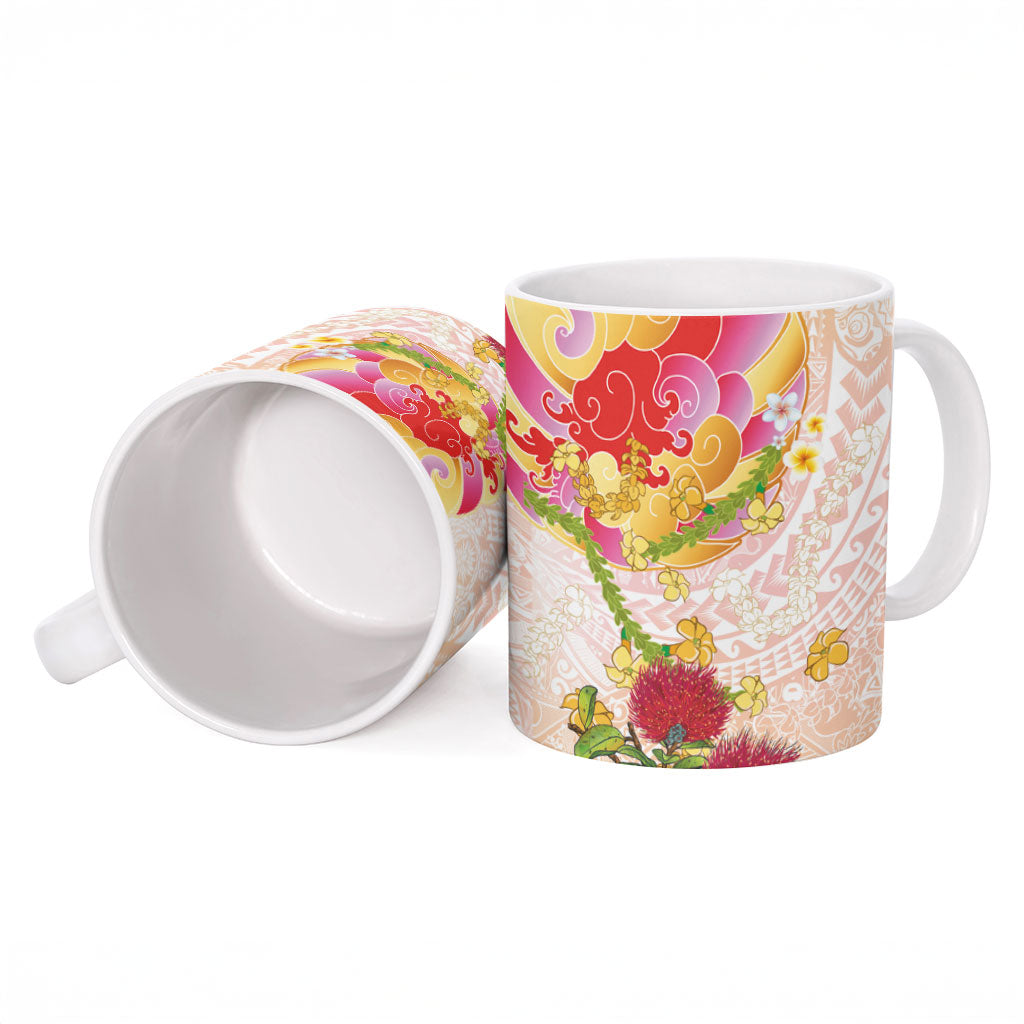Japanese and Hawaiian Culture Fusion Ceramic Mug Irezumi with Turtles and Lei Kakau Pattern Sunset Vibe