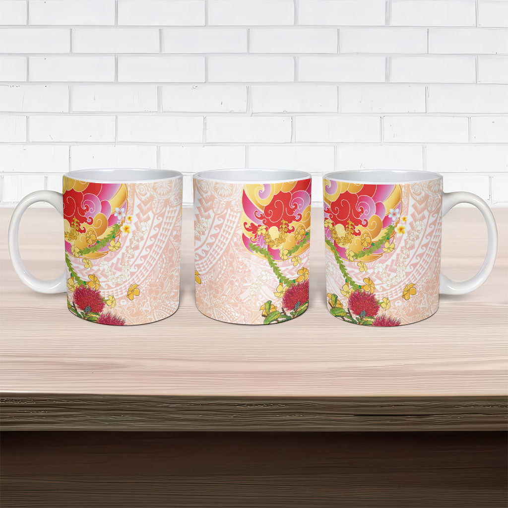 Japanese and Hawaiian Culture Fusion Ceramic Mug Irezumi with Turtles and Lei Kakau Pattern Sunset Vibe