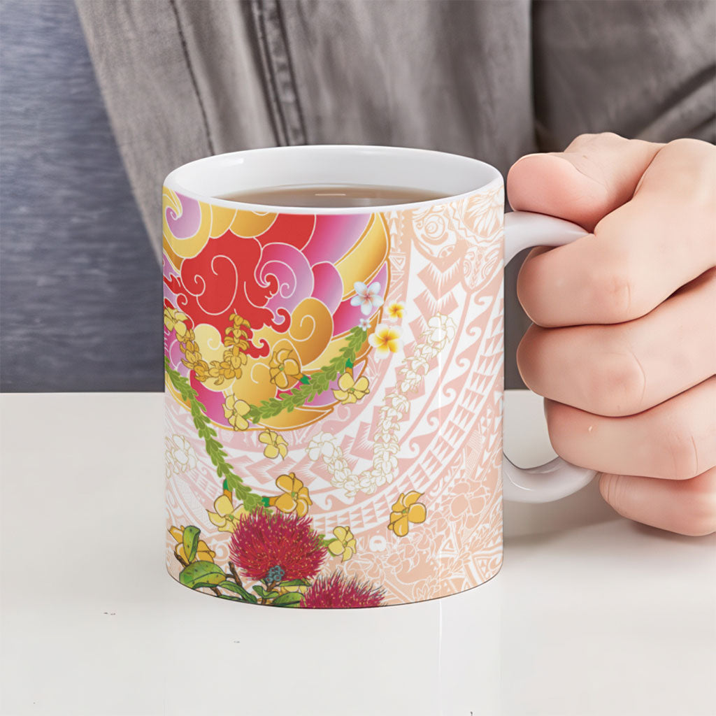Japanese and Hawaiian Culture Fusion Ceramic Mug Irezumi with Turtles and Lei Kakau Pattern Sunset Vibe