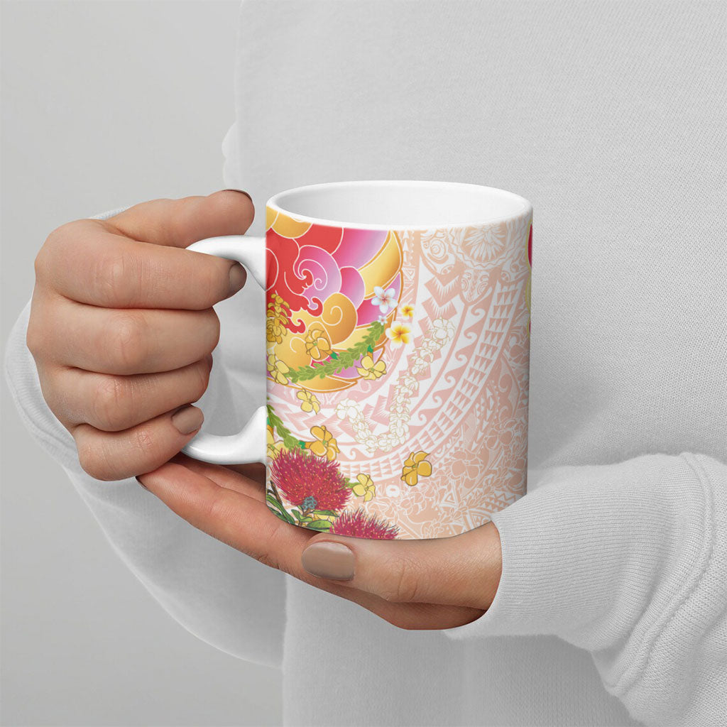 Japanese and Hawaiian Culture Fusion Ceramic Mug Irezumi with Turtles and Lei Kakau Pattern Sunset Vibe
