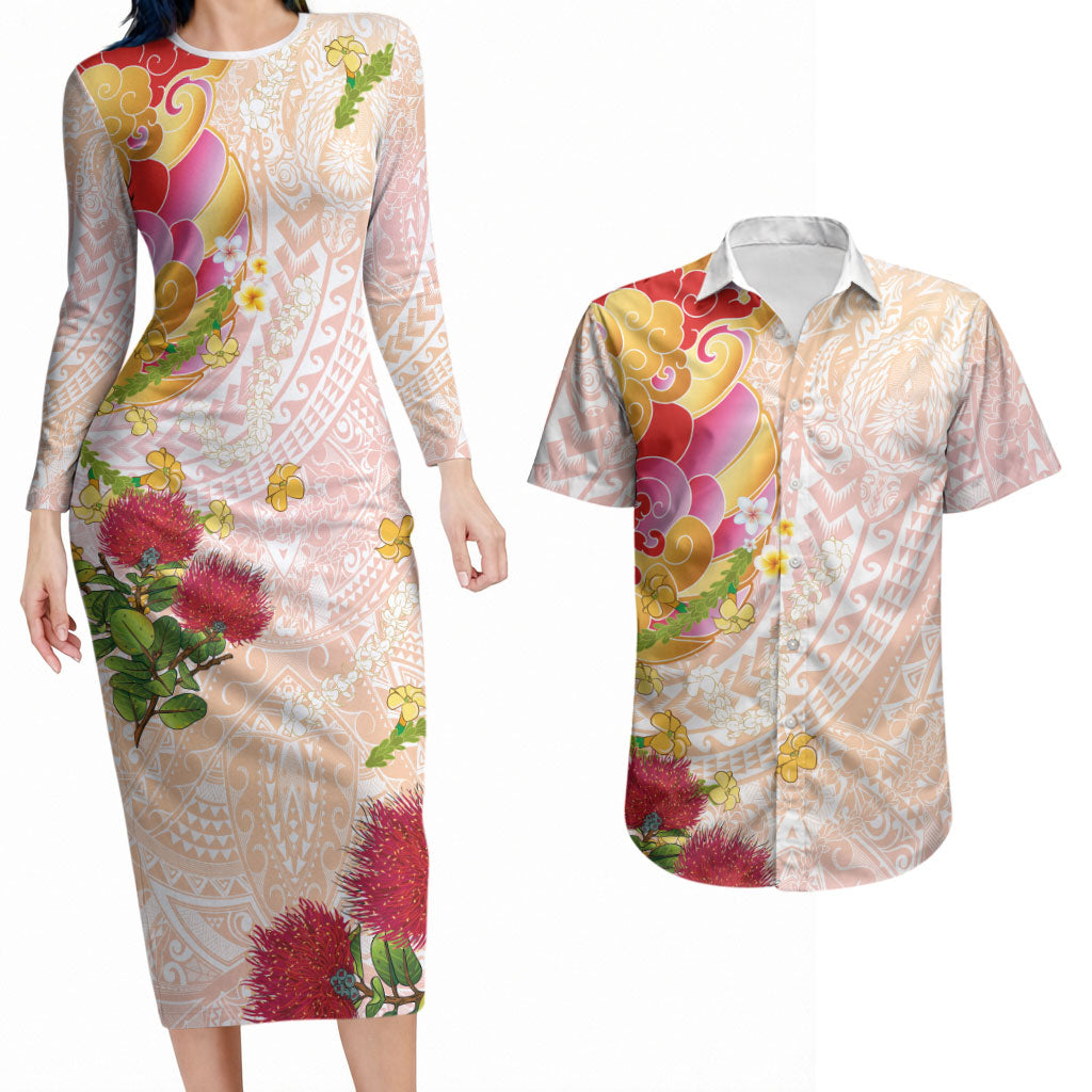 Japanese and Hawaiian Culture Fusion Couples Matching Long Sleeve Bodycon Dress and Hawaiian Shirt Irezumi with Turtles and Lei Kakau Pattern Sunset Vibe LT03 Multicolor - Polynesian Pride