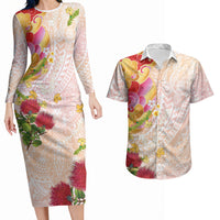 Japanese and Hawaiian Culture Fusion Couples Matching Long Sleeve Bodycon Dress and Hawaiian Shirt Irezumi with Turtles and Lei Kakau Pattern Sunset Vibe