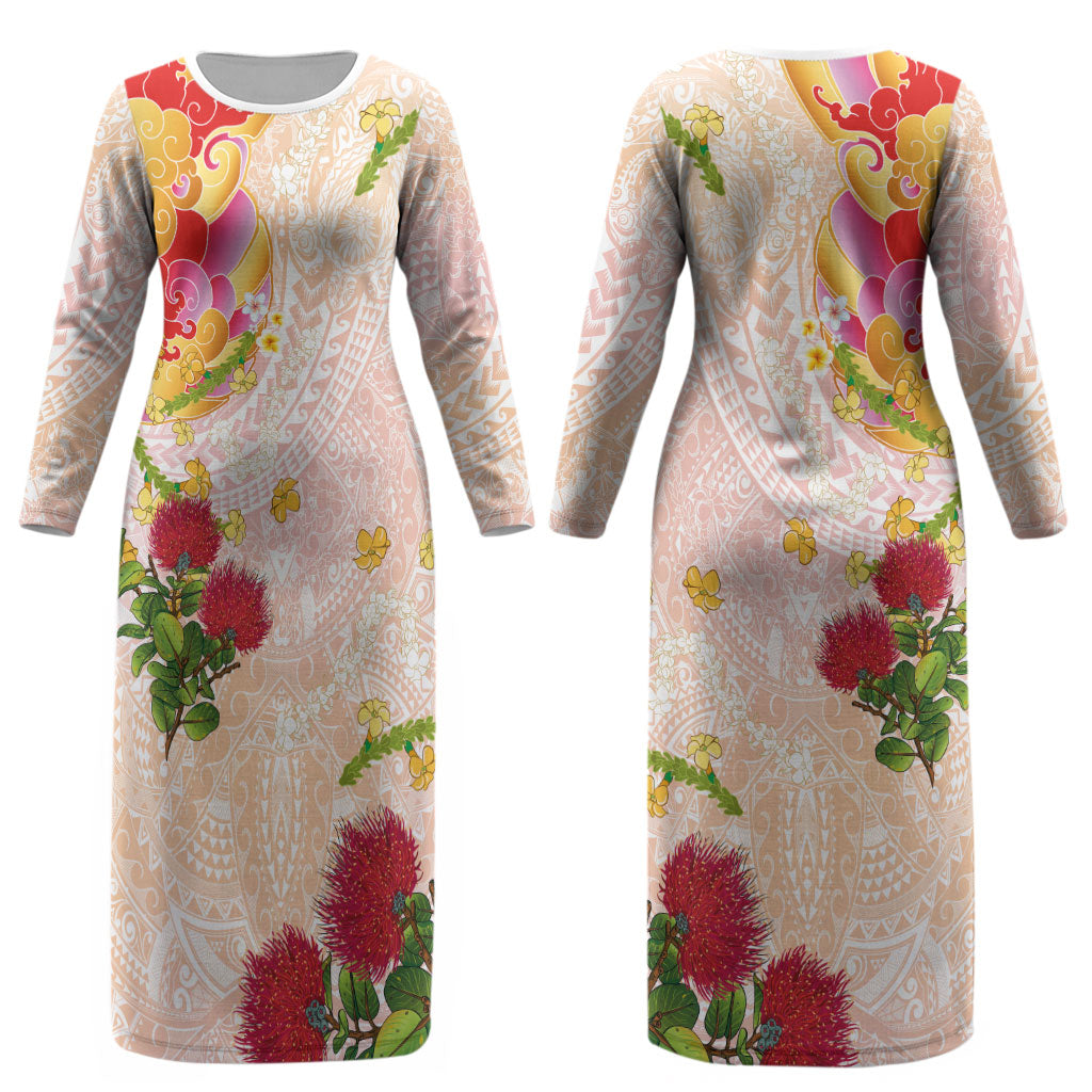 Japanese and Hawaiian Culture Fusion Couples Matching Long Sleeve Bodycon Dress and Hawaiian Shirt Irezumi with Turtles and Lei Kakau Pattern Sunset Vibe