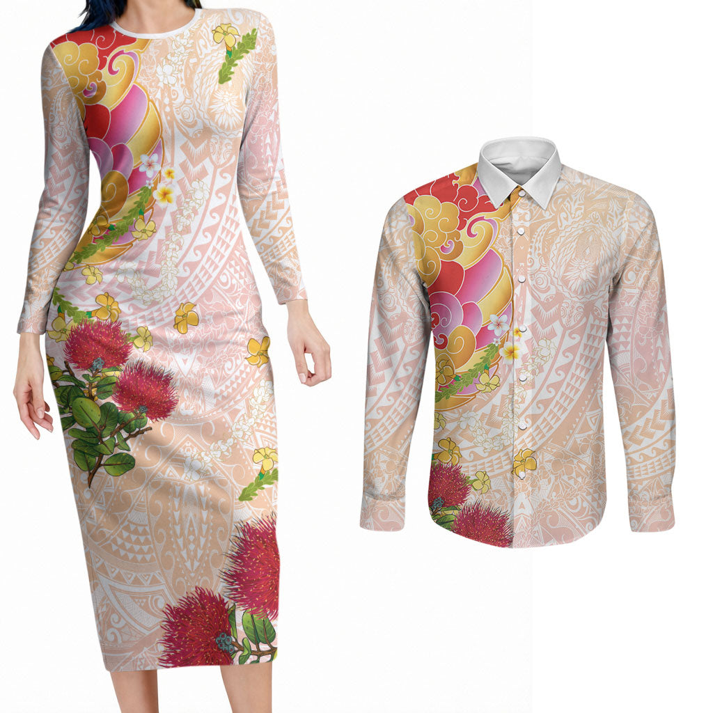 Japanese and Hawaiian Culture Fusion Couples Matching Long Sleeve Bodycon Dress and Long Sleeve Button Shirt Irezumi with Turtles and Lei Kakau Pattern Sunset Vibe LT03 Multicolor - Polynesian Pride