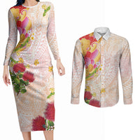 Japanese and Hawaiian Culture Fusion Couples Matching Long Sleeve Bodycon Dress and Long Sleeve Button Shirt Irezumi with Turtles and Lei Kakau Pattern Sunset Vibe