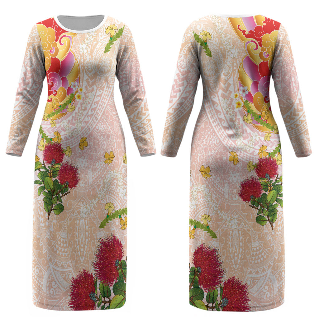 Japanese and Hawaiian Culture Fusion Couples Matching Long Sleeve Bodycon Dress and Long Sleeve Button Shirt Irezumi with Turtles and Lei Kakau Pattern Sunset Vibe