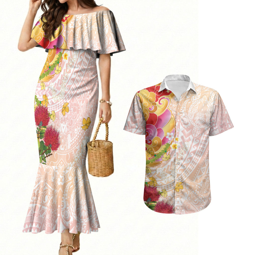 Japanese and Hawaiian Culture Fusion Couples Matching Mermaid Dress and Hawaiian Shirt Irezumi with Turtles and Lei Kakau Pattern Sunset Vibe LT03 Multicolor - Polynesian Pride