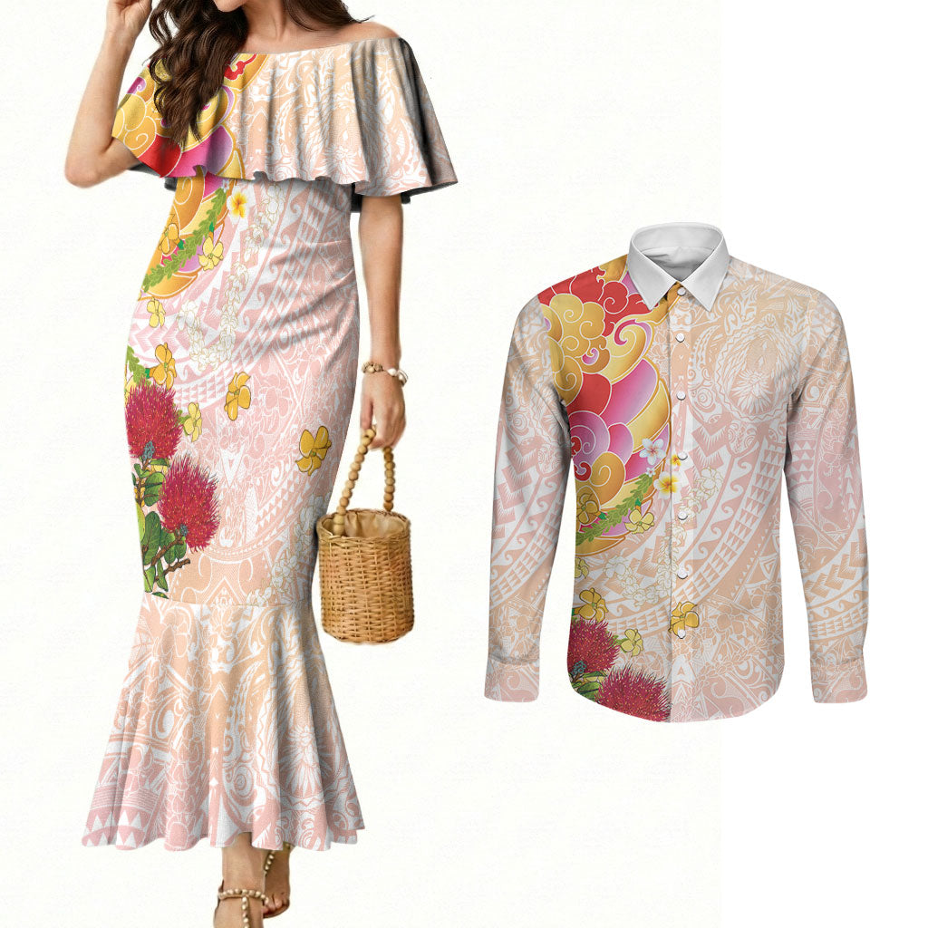 Japanese and Hawaiian Culture Fusion Couples Matching Mermaid Dress and Long Sleeve Button Shirt Irezumi with Turtles and Lei Kakau Pattern Sunset Vibe