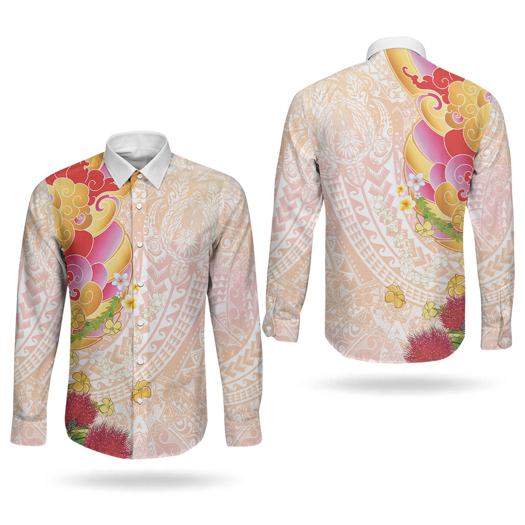 Japanese and Hawaiian Culture Fusion Couples Matching Mermaid Dress and Long Sleeve Button Shirt Irezumi with Turtles and Lei Kakau Pattern Sunset Vibe