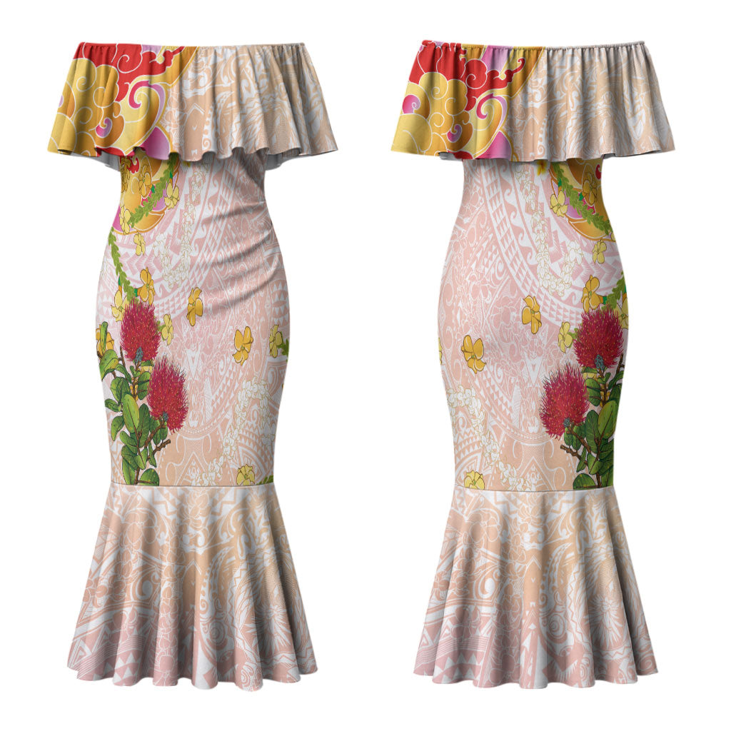 Japanese and Hawaiian Culture Fusion Couples Matching Mermaid Dress and Long Sleeve Button Shirt Irezumi with Turtles and Lei Kakau Pattern Sunset Vibe