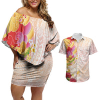 Japanese and Hawaiian Culture Fusion Couples Matching Off Shoulder Short Dress and Hawaiian Shirt Irezumi with Turtles and Lei Kakau Pattern Sunset Vibe