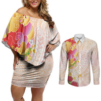 Japanese and Hawaiian Culture Fusion Couples Matching Off Shoulder Short Dress and Long Sleeve Button Shirt Irezumi with Turtles and Lei Kakau Pattern Sunset Vibe