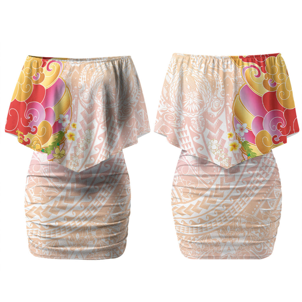 Japanese and Hawaiian Culture Fusion Couples Matching Off Shoulder Short Dress and Long Sleeve Button Shirt Irezumi with Turtles and Lei Kakau Pattern Sunset Vibe