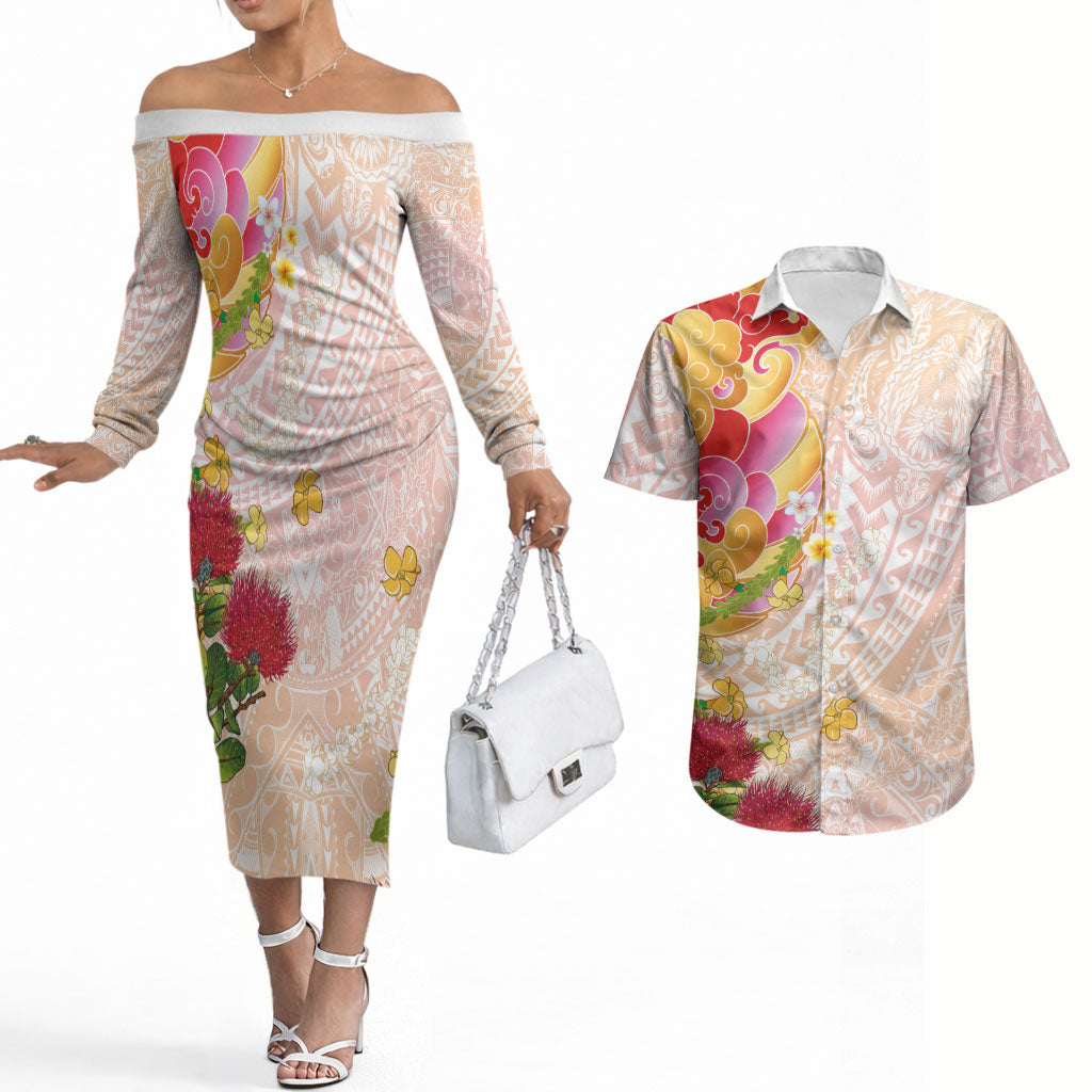 Japanese and Hawaiian Culture Fusion Couples Matching Off The Shoulder Long Sleeve Dress and Hawaiian Shirt Irezumi with Turtles and Lei Kakau Pattern Sunset Vibe